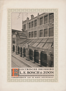 712800 Folder van L.E. Bosch & Zoon, Electrische Drukkerij, Fabrieksgebouw aan de Korte Nieuwstraat te Utrecht, met op ...